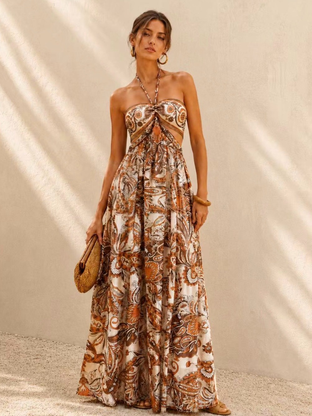 Strapless Paisley Maxi Dress in Brown & Cream